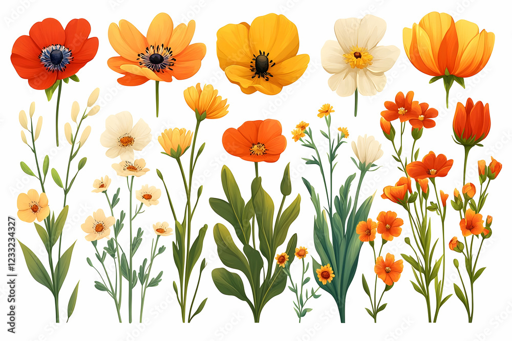 Fototapeta premium Collection of Orange Yellow and White Flowers Pixel Art Illustration