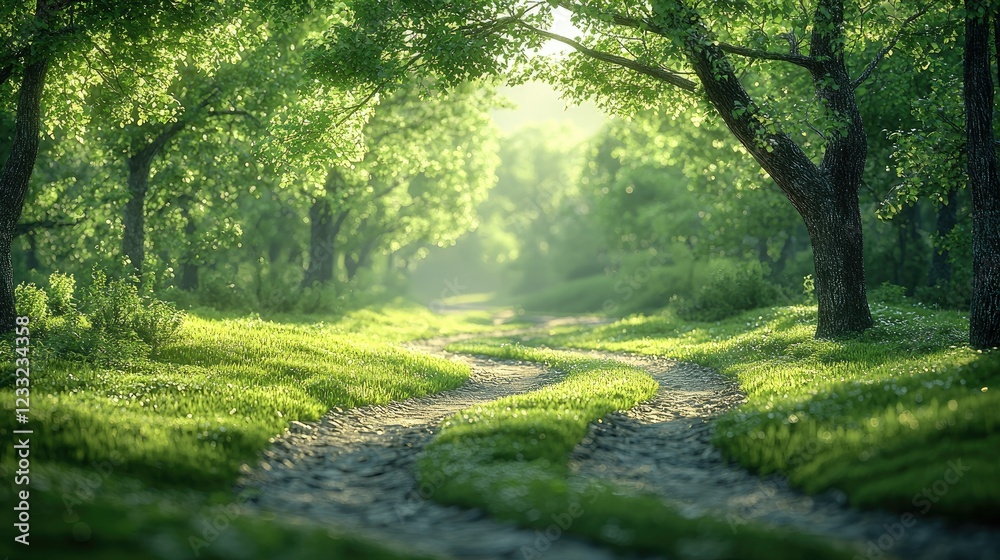 Fototapeta premium Sunlit Path Through Lush Green Forest