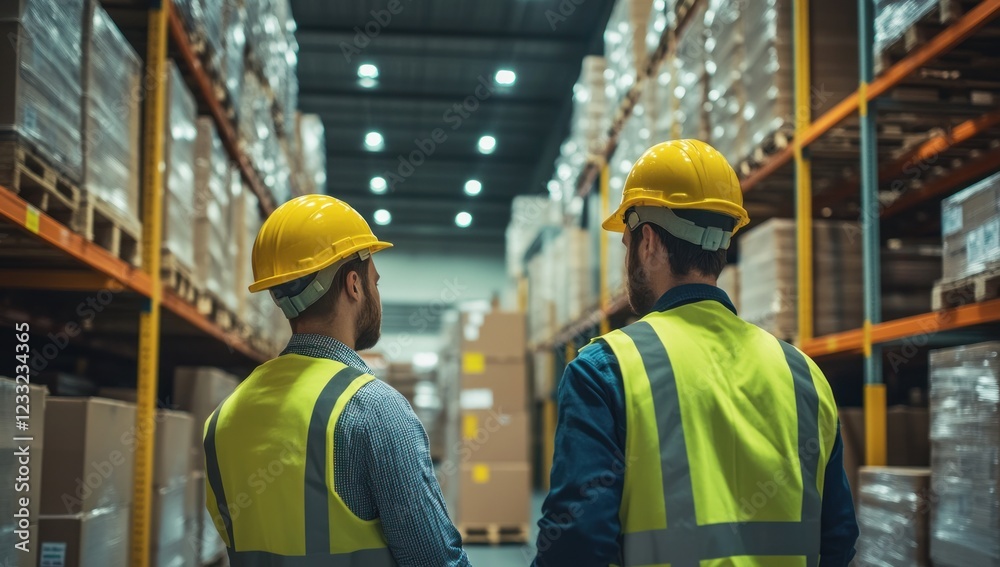 Warehouse Workers Inspecting Inventory in a Large Distribution Center Warehouse Workers Inspecting Inventory in a Large Distribution Center