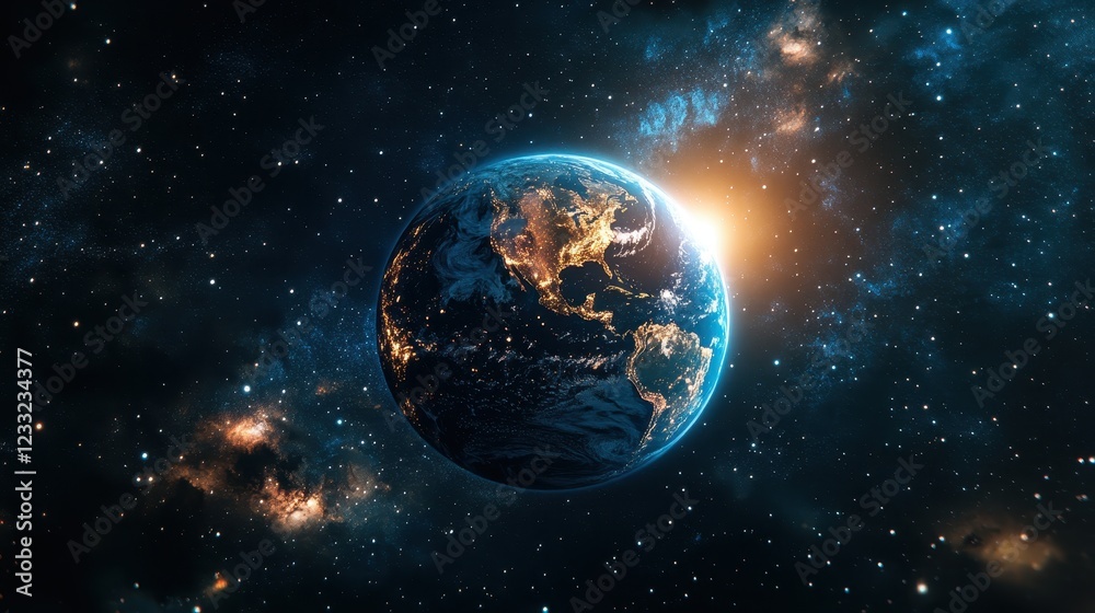 Planet Earth viewed from space with colorful cosmic backdrop and stars illuminating the vast universe Planet Earth viewed from space with colorful cosmic backdrop and stars illuminating the vast universe