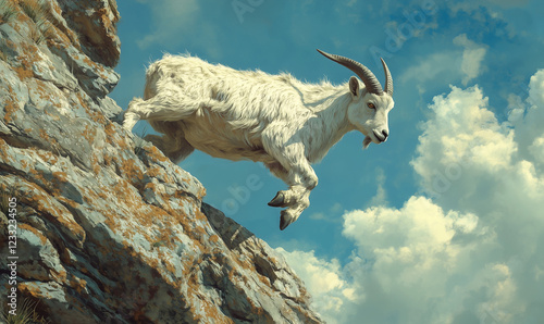 A goat daringly climbing a rocky cliff, displaying courage and agility in a challenging environment photo