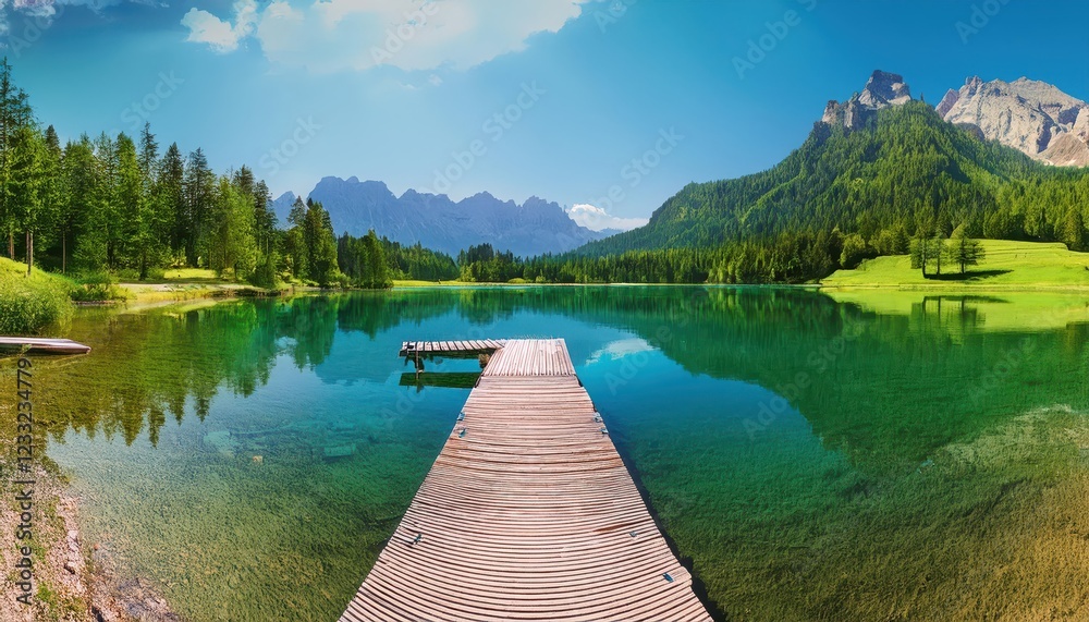 Majestic Alpine Landscape Morning Reflections on the Serene Crestasee Lake in Grison, Showcasing the Picturesque Scenery of Flims and Trin in June Majestic Alpine Landscape Morning Reflections on the Serene Crestasee Lake in Grison, Showcasing the Picturesque Scenery of Flims and Trin in June