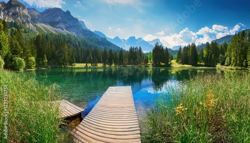 Stunning June Landscape Panorama of Lake Cresta in Flims and Trin Municipalities, Griso Vivid Green Mountains Reflect on Tranquil Waters with Majestic Pine Forests Bordered by Alpine Peaks. photo