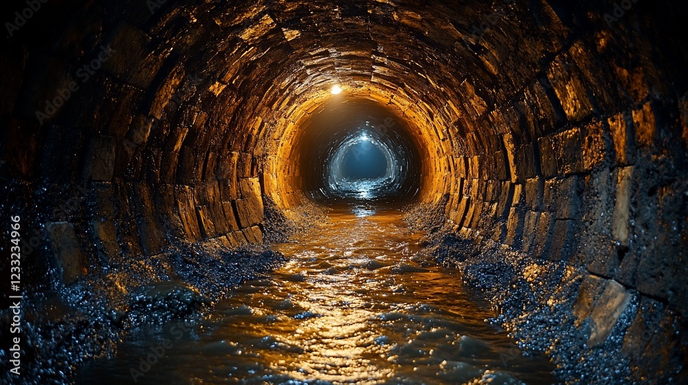 Naklejka premium Dark, illuminated sewer tunnel with flowing water, showcasing brick walls and reflections