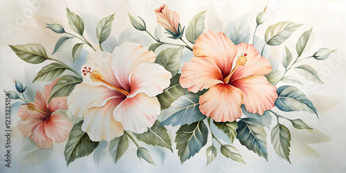 Detailed watercolor hibiscus flowers in peach and white tones. Delicate realistic painting with soft grey-green background. Concept of: botanical art, spa wellness, nature prints.