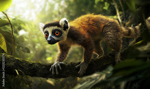 A lemur leaping nimbly through a dense rainforest, capturing the agility and beauty of wildlife