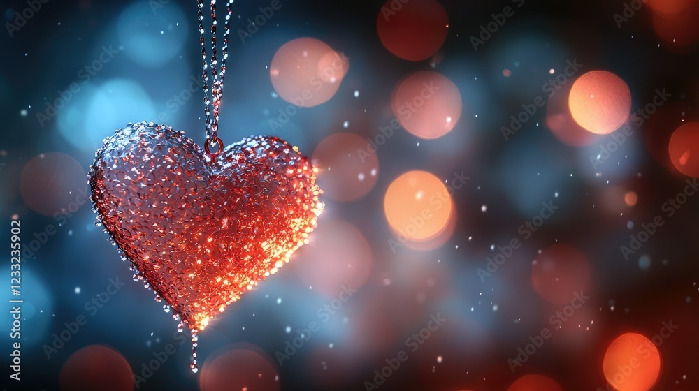 Obraz premium Liquid Heart Pendant Dripping Water Against Bokeh Background