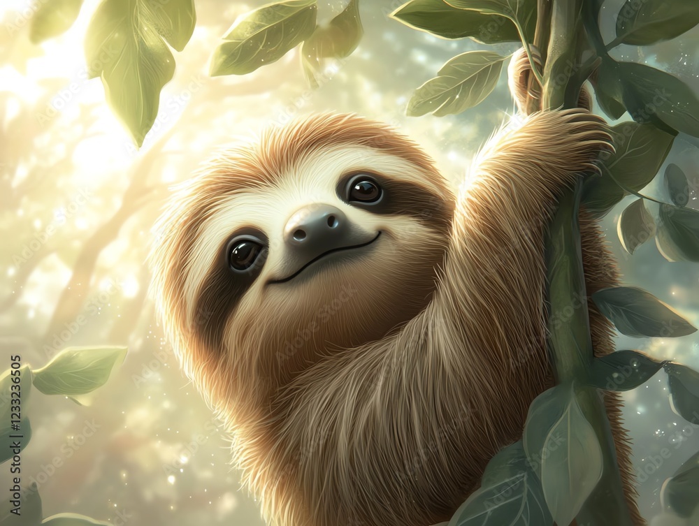 Obraz premium A cute sloth smiling while hanging on a tree branch in a sunlit rainforest, showcasing its playful nature.