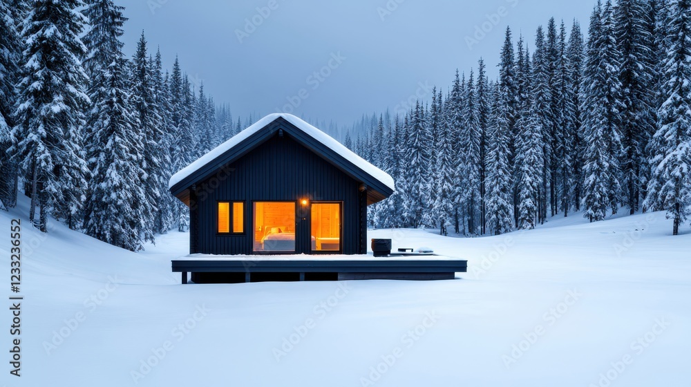 Cozy snow covered wooden cabin nestled in a dense pine forest illuminated at dusk during a winter snowstorm  The picturesque isolated mountain retreat offers a peaceful serene escape from the world