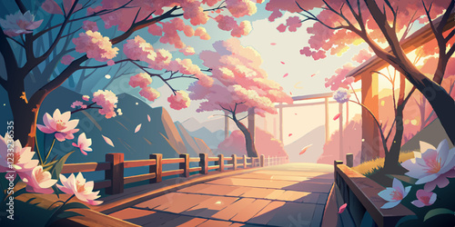 Stone path winding through blooming cherry trees leads to traditional Japanese torii gate. Pink blossoms frame serene mountain vista at sunset. Concept of: travel agency, cultural tourism, meditation 