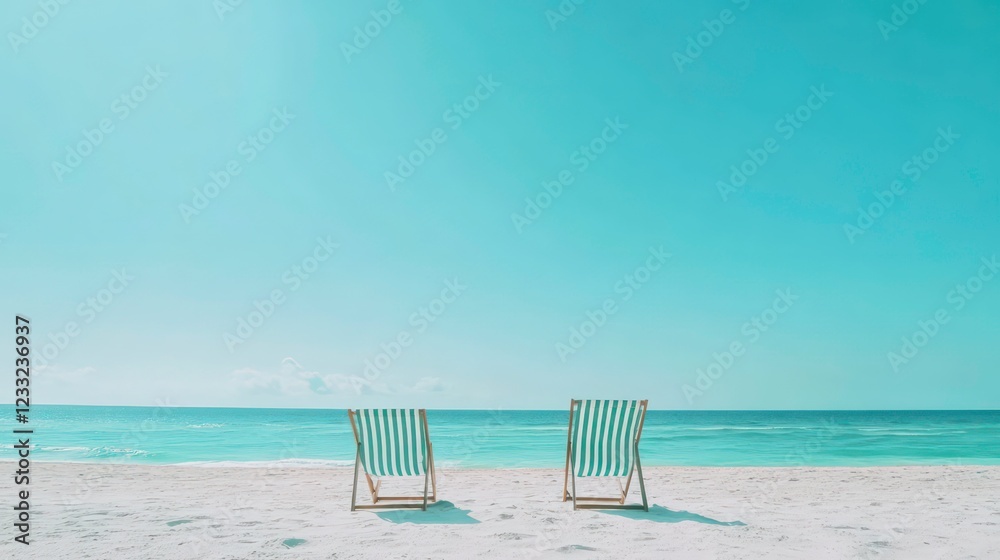 Minimalist pastel beach scene with striped chairs and accessories under bright turquoise sky Minimalist pastel beach scene with striped chairs and accessories under bright turquoise sky