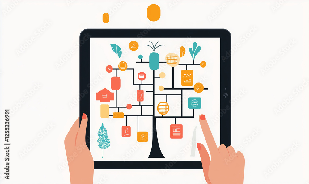 A decision tree displayed on a tablet app with interactive UI design for logical decision-making A decision tree displayed on a tablet app with interactive UI design for logical decision-making