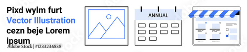 Image gallery icon, annual calendar, and online store elements. Ideal for business planning, eCommerce, digital marketing, online scheduling, content organization, sales events and annual reviews