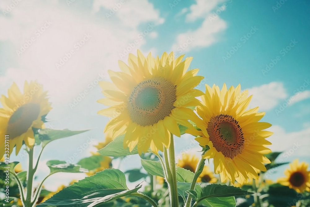 Fototapeta premium Sunflowers in full bloom against a clear blue sky with bright sunlight creating a peaceful and vibrant scene
