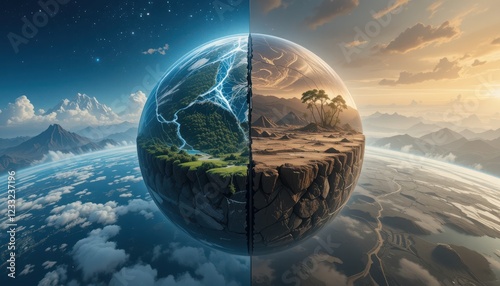 Fototapeta Naklejka Na Ścianę i Meble -  A divided world with lush and arid landscapes, showcasing climate change, Generative AI