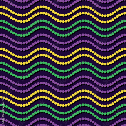 Mardi Gras beads seamless pattern, yellow, green, purple bead waves on a dark background, vector illustration for wrapping paper, party decoration fabric and gift boxes design