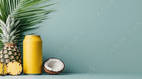 Close up shot of a tropical themed beverage can with water droplets and fresh fruit elements like pineapple and coconut against a green background representing a refreshing and summery concept photo