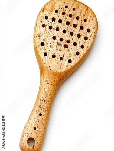 Wooden hairbrush, holes, handle, white background, hair care photo