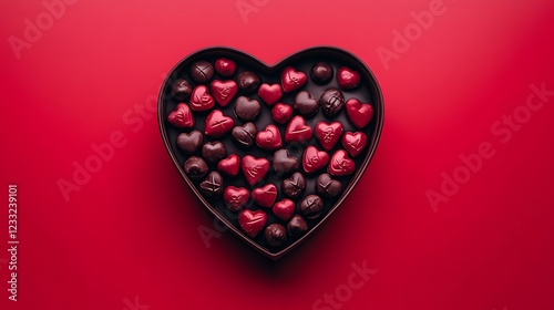 Top view of Heart shaped box with delicious chocolate candies
