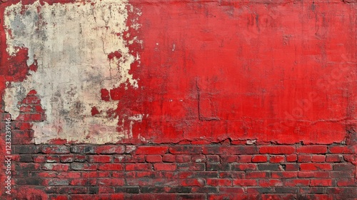 Textured Red Wall with Peeling Paint and Visible Brick Surface