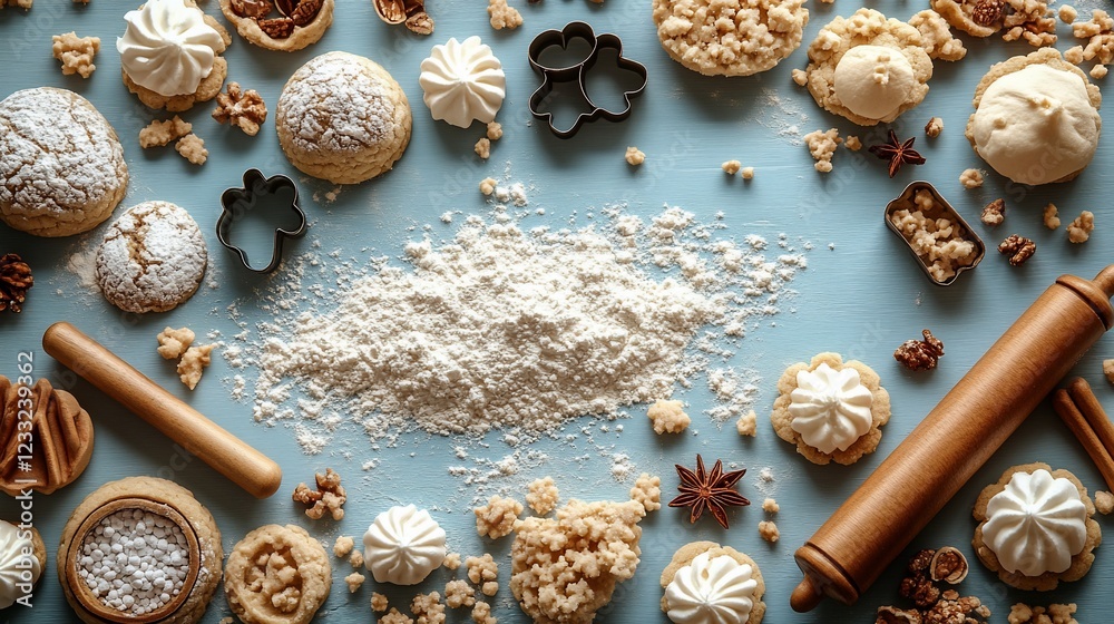 Fototapeta premium Assorted homemade cookies and baking ingredients arranged on a blue surface, with flour scattered around
