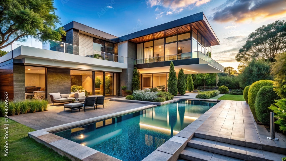 Obraz premium Stunningly Landscaped Modern Luxury Home with Lush Gardens and Elegant Architecture, Featuring a Pool and Outdoor Living Spaces for Ultimate Relaxation and Sophistication