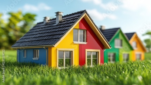 Wallpaper Mural Colorful houses on a grassy lawn, vibrant and cheerful. Ideal for real estate, home ownership, or property development projects. Torontodigital.ca