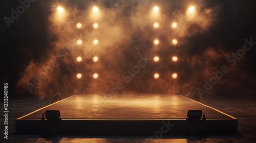 Empty stage with warm lighting and haze. Ideal for concert, performance, or event promotion.