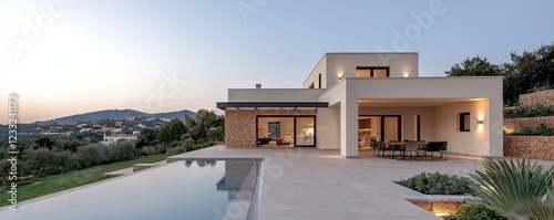Breathtaking coastal Mediterranean style villa featuring an infinity pool modern architecture and panoramic views of the surrounding landscape at sunset