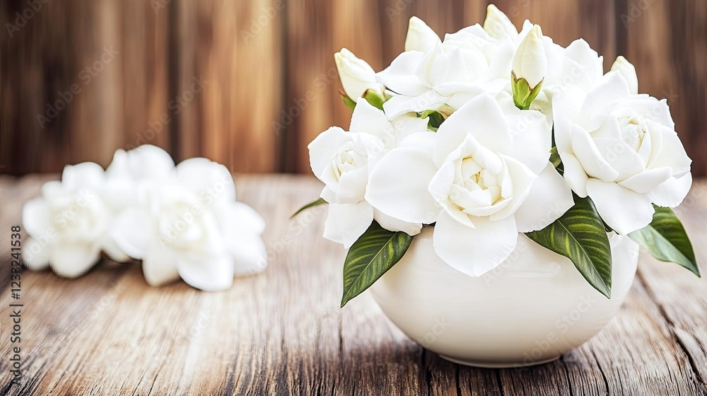 White Gardenias in Bowl on Wooden Table White Gardenias in Bowl on Wooden Table
