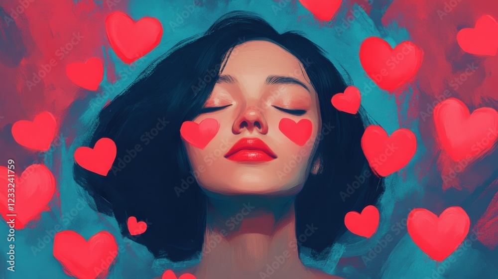 Captivating showcasing the allure and charm of a stunningly beautiful woman with a mesmerizing gaze surrounded by a dreamlike array of glowing red hearts conveying a sense of passion romance Captivating showcasing the allure and charm of a stunningly beautiful woman with a mesmerizing gaze surrounded by a dreamlike array of glowing red hearts conveying a sense of passion romance