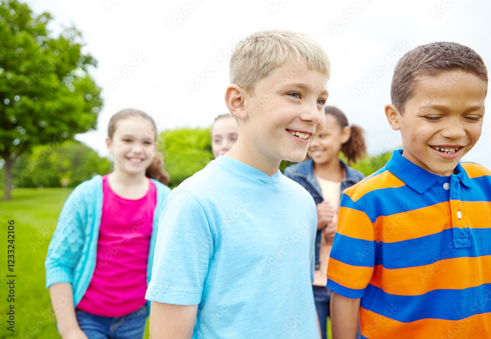 Happy, friends or smile in nature together on outdoor holiday or vacation with kids, diversity or weekend fun. Growth development, group or children bonding on field for adventure or playing in park Happy, friends or smile in nature together on outdoor holiday or vacation with kids, diversity or weekend fun. Growth development, group or children bonding on field for adventure or playing in park