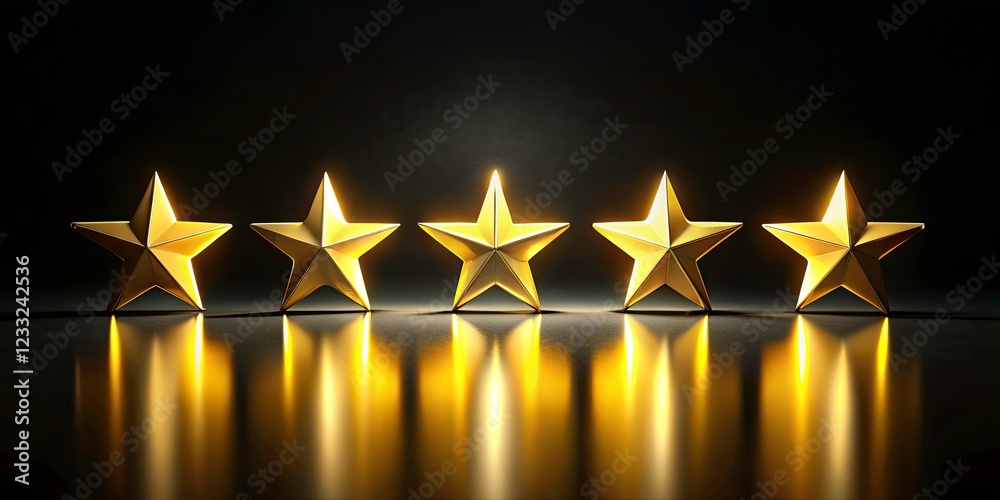 Fototapeta premium Glossy Yellow Star Ratings for Customer Feedback in Low Light Photography - 3D Render of Five Isolated Stars for Review and Rating Concepts
