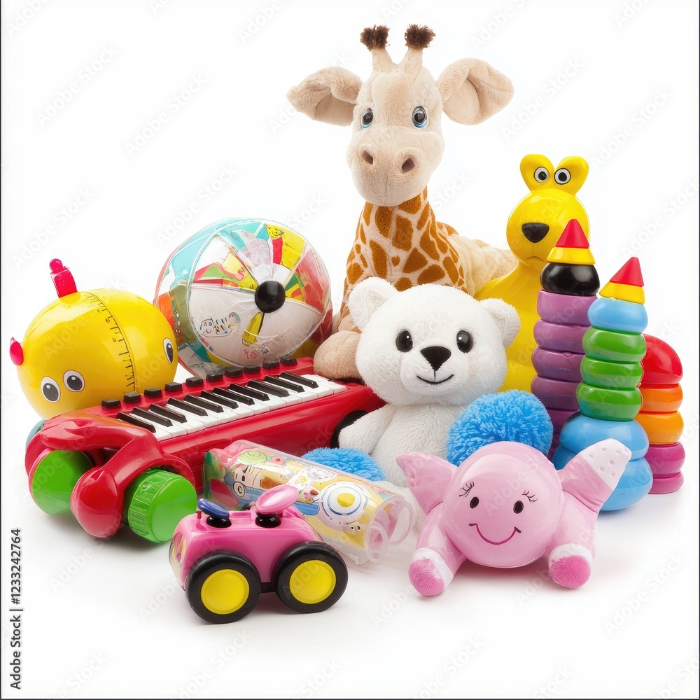 Colorful toys collection; studio shot; playtime fun; background white; ideal for e-commerce Colorful toys collection; studio shot; playtime fun; background white; ideal for e-commerce