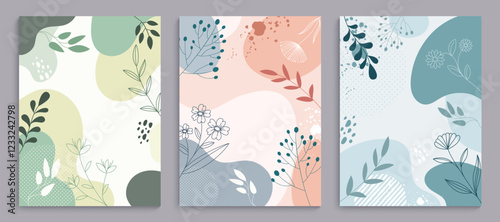 Abstract clipart poster background set. Spring flowers and leaf drawing in watercolor pastel paint clip art collection for greetings card template. Vector illustration abstract background set. 
