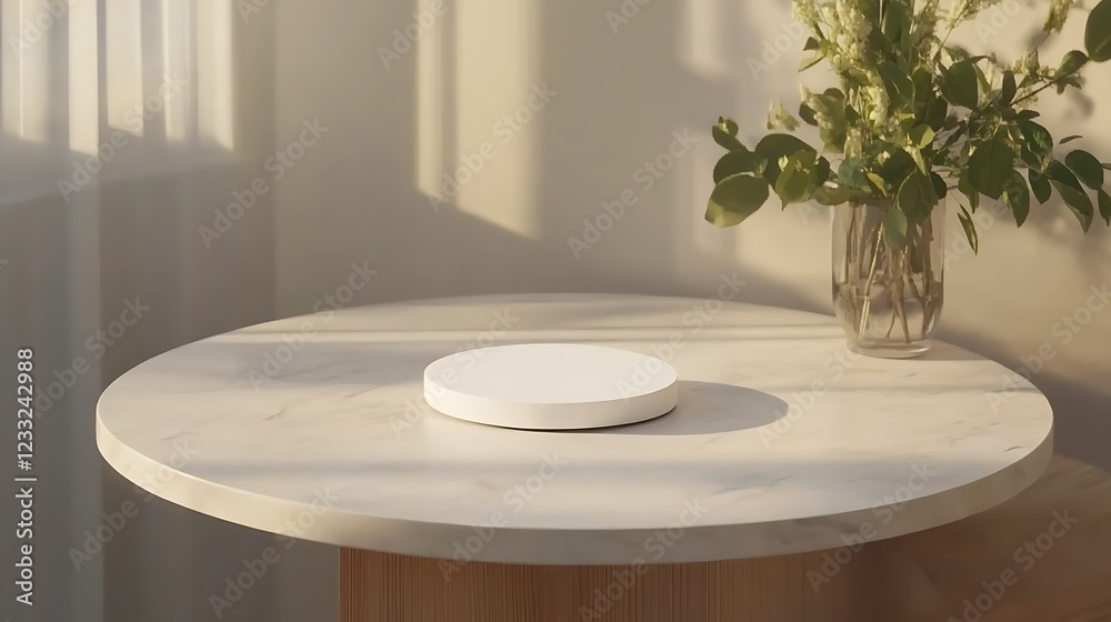 White Round Display Stand On Marble Tabletop White Round Display Stand On Marble Tabletop
