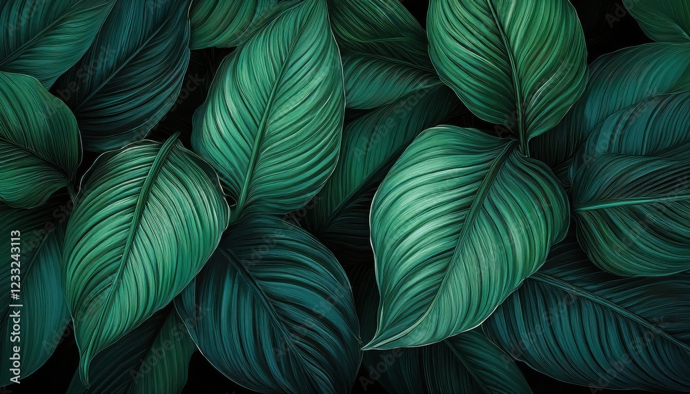 Striking Closeup of Dark Green Textured Leaves of Spathiphyllum Cannifolium in a Tropical Background, Showcasing the Beauty and Richness of Natures Abstract Designs, Perfect for Decorative or Striking Closeup of Dark Green Textured Leaves of Spathiphyllum Cannifolium in a Tropical Background, Showcasing the Beauty and Richness of Natures Abstract Designs, Perfect for Decorative or
