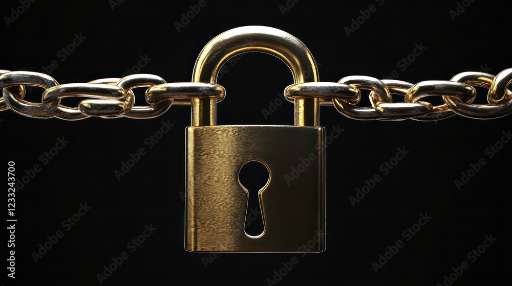 Padlock closed on four chains isolated against black background. 3d illustration Padlock closed on four chains isolated against black background. 3d illustration