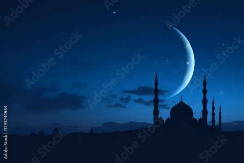 Mosques Dome on dark blue twilight sky and Crescent on background, symbol islamic religion Ramadan and free space for text arabic, Eid al-Adha, Eid al-fitr, Mubarak.