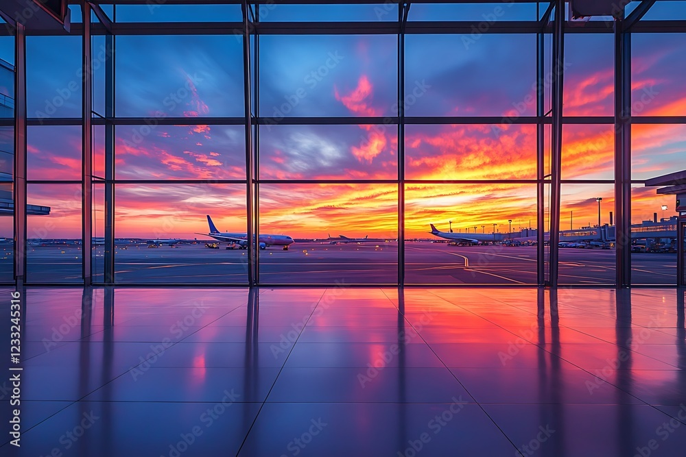 Fototapeta premium When the sun sets in a brilliant mix of colors, the airport terminal is filled with a lively atmosphere, presenting a panoramic view of the busy environment as planes take off and land.