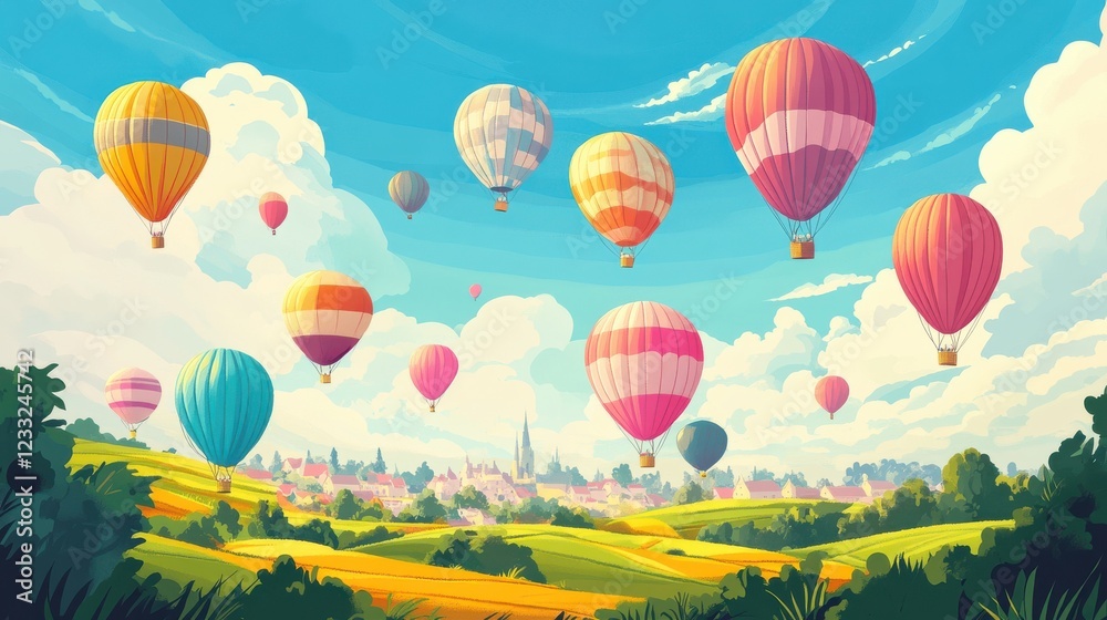 Obraz premium Colorful Hot Air Balloons Floating Over Scenic Countryside Landscape