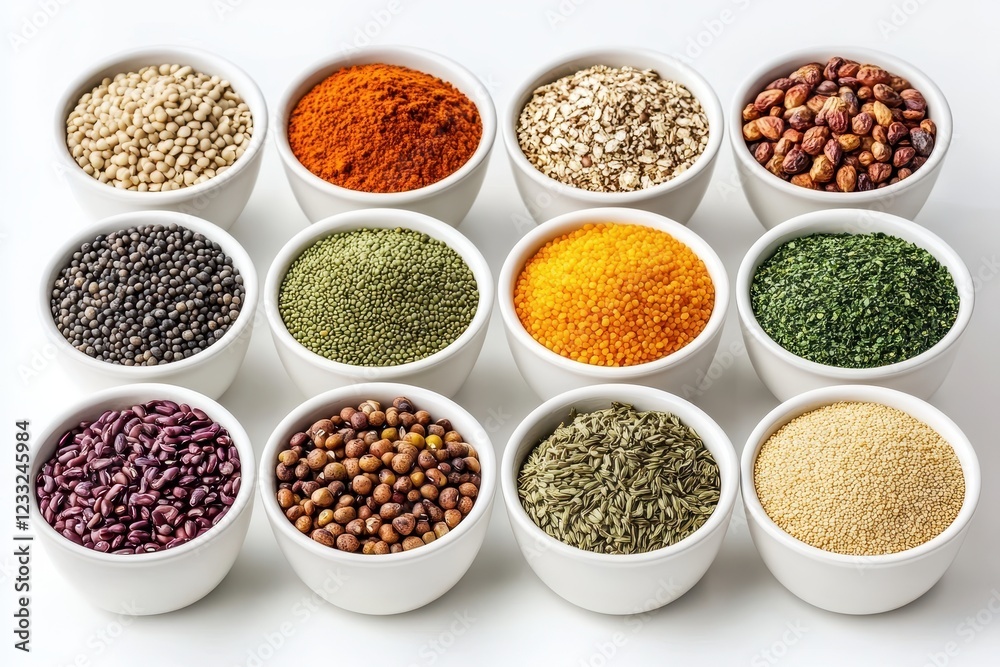 Twelve bowls of various seeds and spices. Perfect for culinary, healthy eating, or ingredient concepts. Twelve bowls of various seeds and spices. Perfect for culinary, healthy eating, or ingredient concepts.