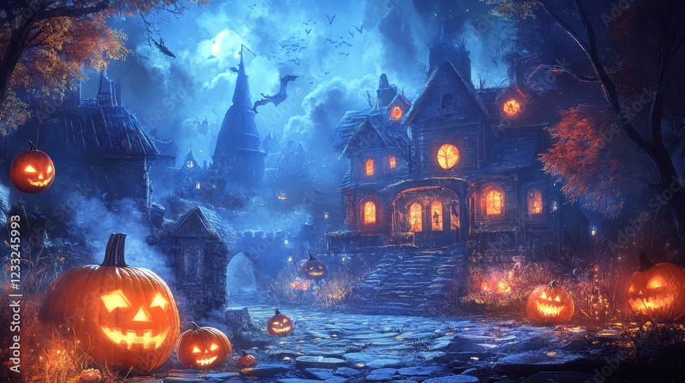 A Halloween scene with a haunted house, cobblestone path, and jack-o-lanterns. A Halloween scene with a haunted house, cobblestone path, and jack-o-lanterns.