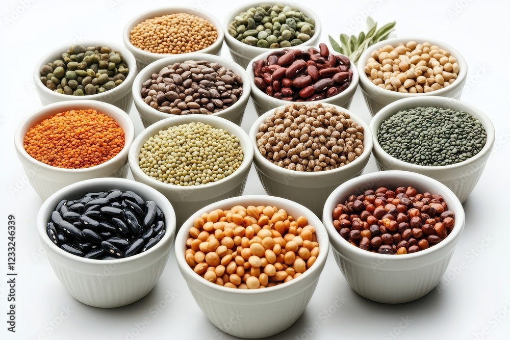 Assortment of legumes in white bowls, lentils, beans, and peas. Illustrates variety of healthy, protein-rich food options. Assortment of legumes in white bowls, lentils, beans, and peas. Illustrates variety of healthy, protein-rich food options.