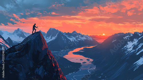 Climber climbs the big rock, high mountains lofoten island, hiper northen light, midnight sun. Midnight Canyon. Illustration photo