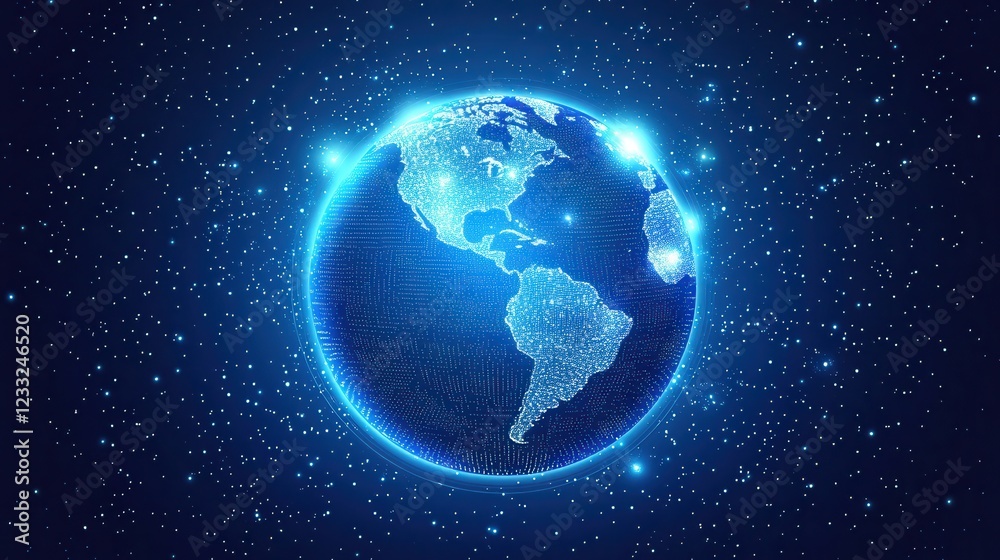 Fototapeta premium Digital Earth in Space with Stars and Bright Orbital Lights