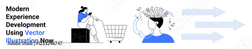 Woman using a smartphone while sitting on a cart, mind generating ideas with music. Ideal for e-commerce, creativity, innovation, marketing, digital concepts, technology, flat landing page banner