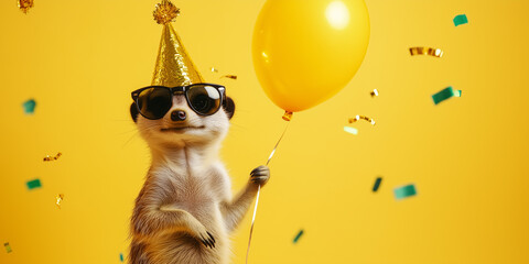 Cute funny meerkat wearing sunglasses and hat, holding happy birthday balloons against colorful confetti flying around. Vibrant yellow background banner greeting card invitation.