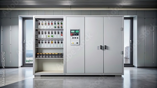Minimalist Elektro Schaltschrank in Industrial Setting - Modern Design, Clean Lines, and Subtle Background Elements for Contemporary Aesthetic Appeal