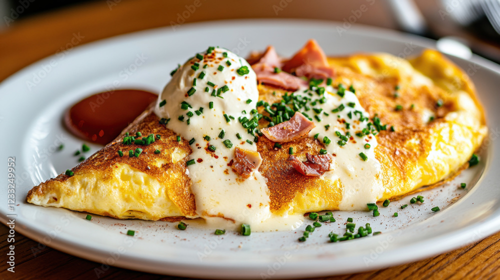 Ham cheese, Fluffy and golden ham and cheese omelet garnished, high fidelity image suitable for culinary and food-related content. Ham cheese, Fluffy and golden ham and cheese omelet garnished, high fidelity image suitable for culinary and food-related content.